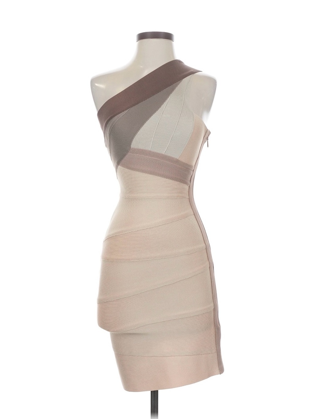 Herve Leger One-Shoulder Bandage Dress in Nude, Taupe & Cream